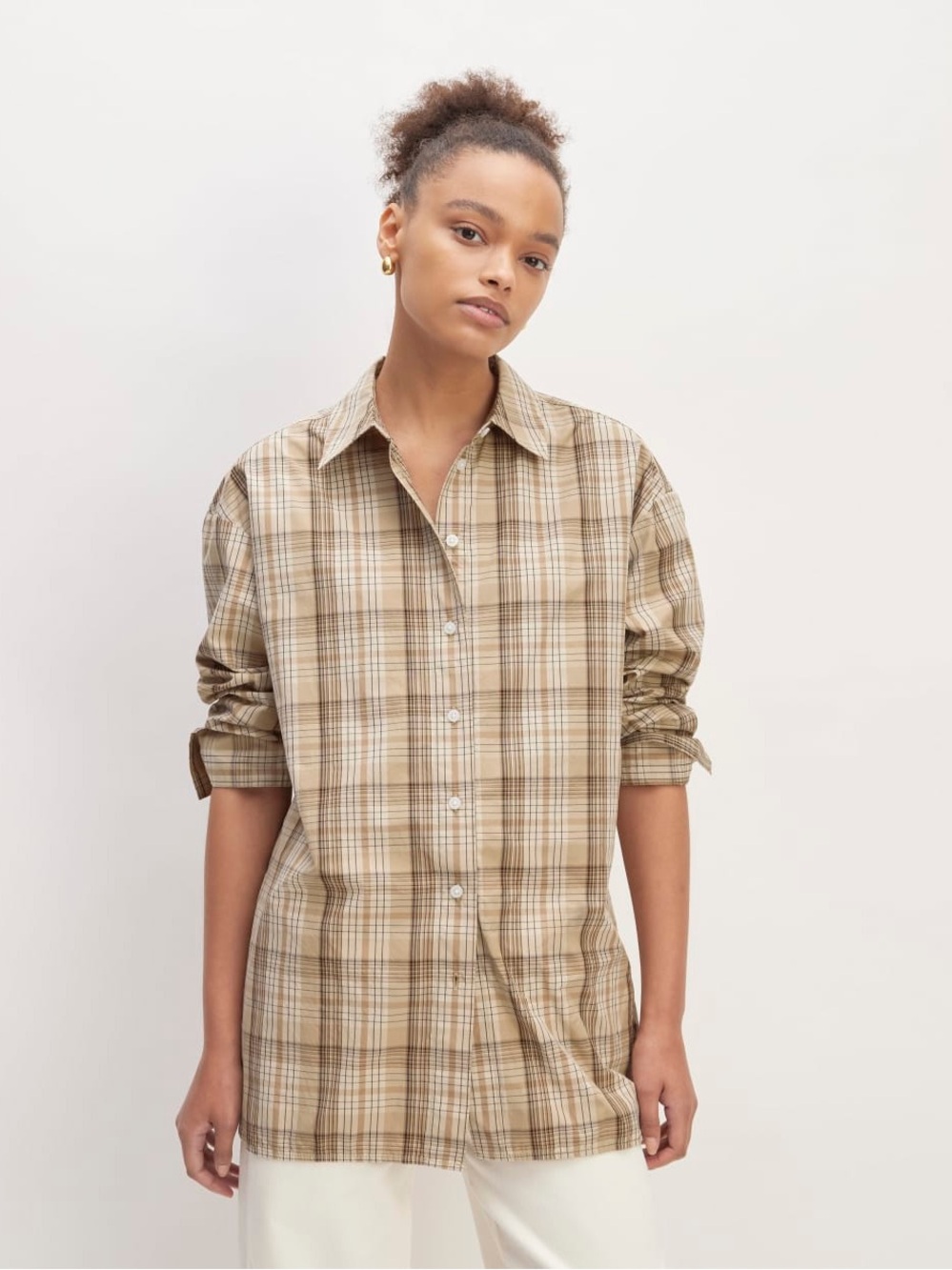 Everlane The Supima Cotton Boyfriend Shirt Oversized Pale Khaki Plaid Size Large